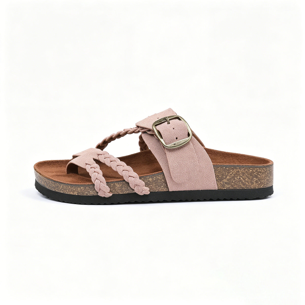 Women's Braided Leather Cork Footbed Sandals, Adjustable Buckle, Arch Support Orthopedic Slides