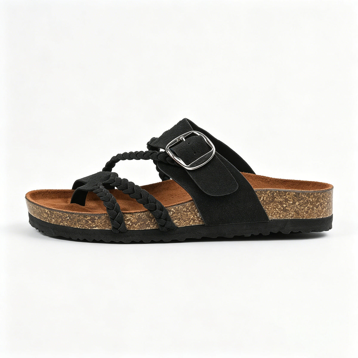Women's Braided Leather Cork Footbed Sandals, Adjustable Buckle, Arch Support Orthopedic Slides