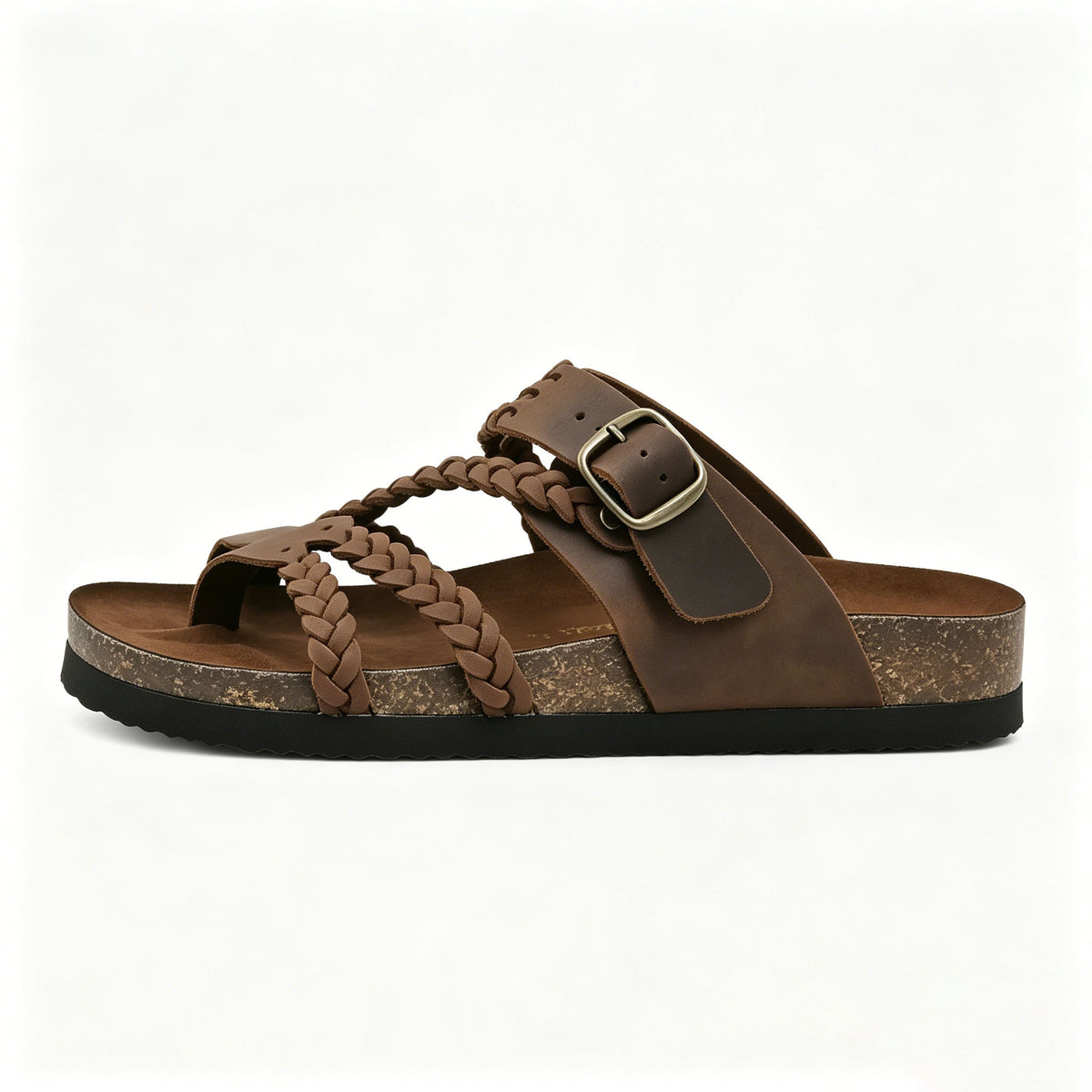 Women's Braided Leather Cork Footbed Sandals, Adjustable Buckle, Arch Support Orthopedic Slides